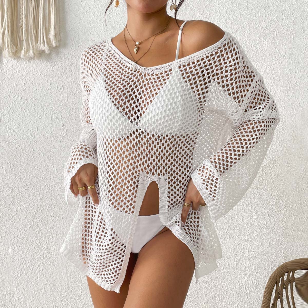 Long Sleeve Open Knit Tunic Cover-Up
