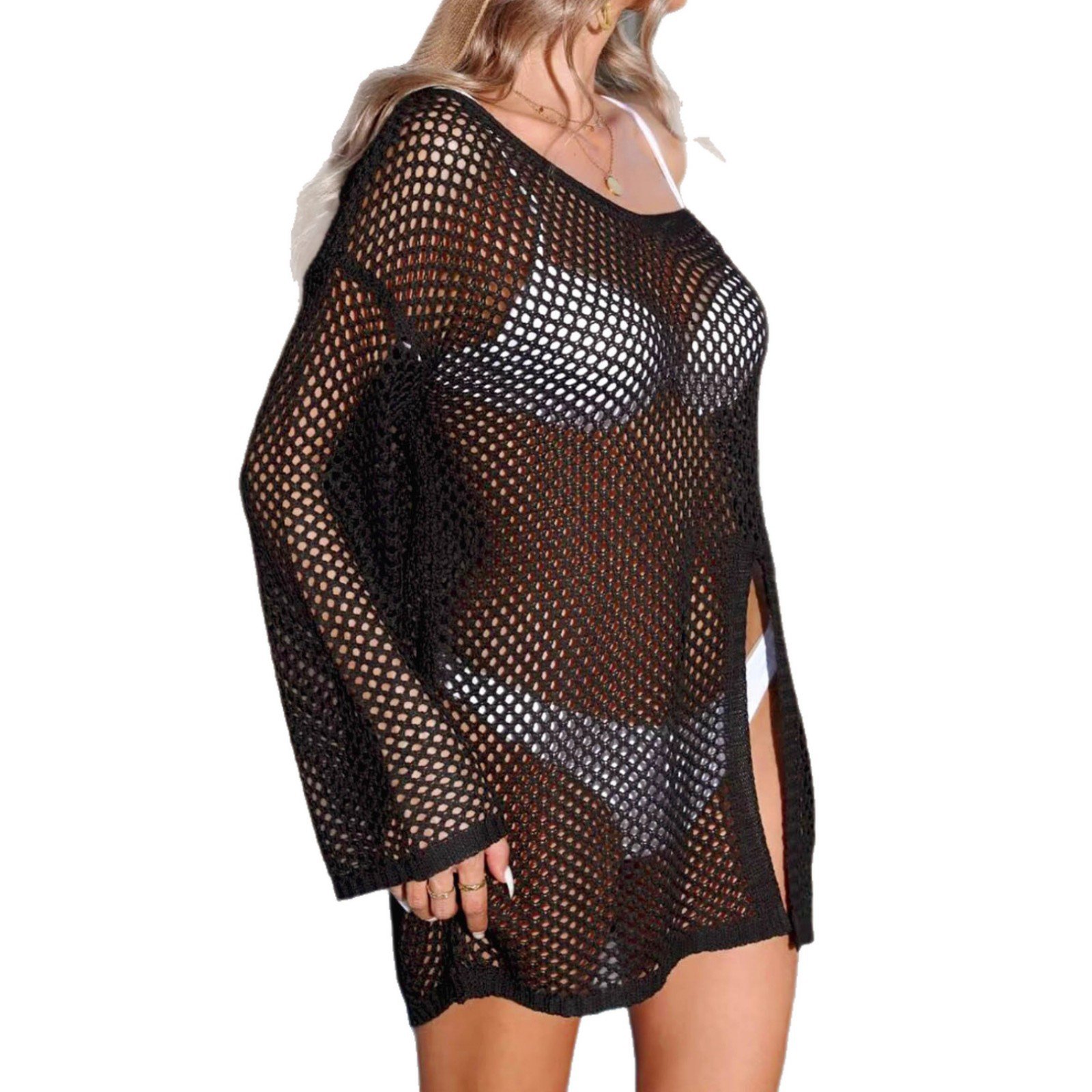 Black long sleeve open knit tunic cover-up with V-neck and side slits over white bikini.