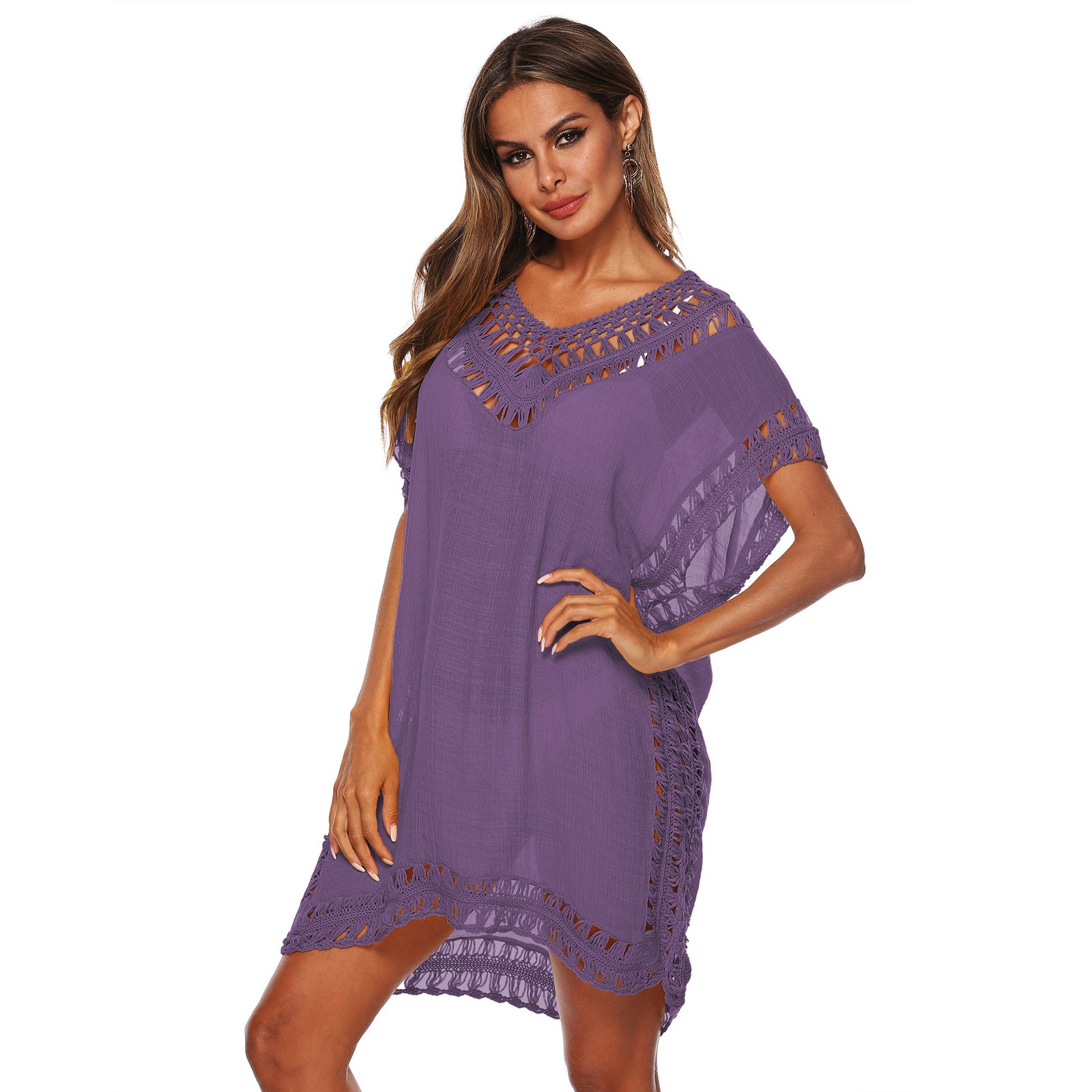 Purple open-knit trim caftan cover-up with V-neckline and relaxed silhouette.