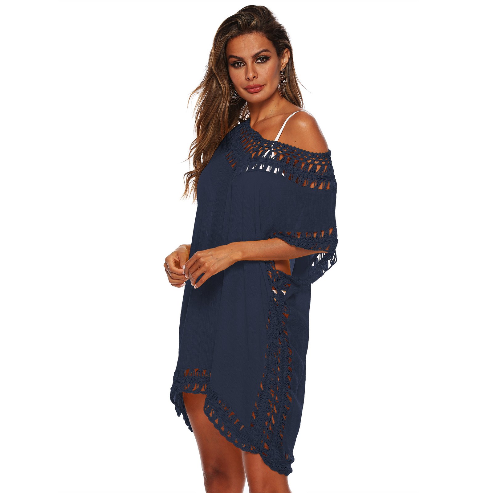 Navy blue sheer caftan cover-up featuring open-knit crochet trim along the neckline, sleeves, and hem.