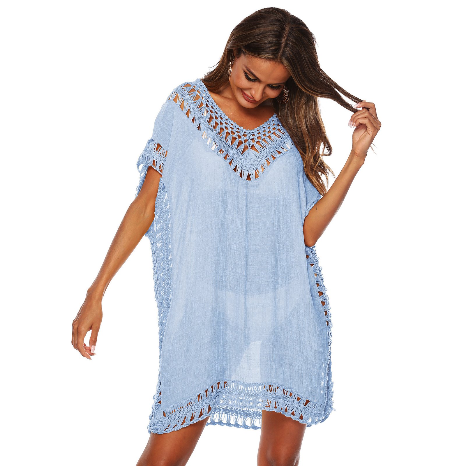 Light blue sheer caftan cover-up with open-knit crochet trim at the neckline, sleeves, and hem.