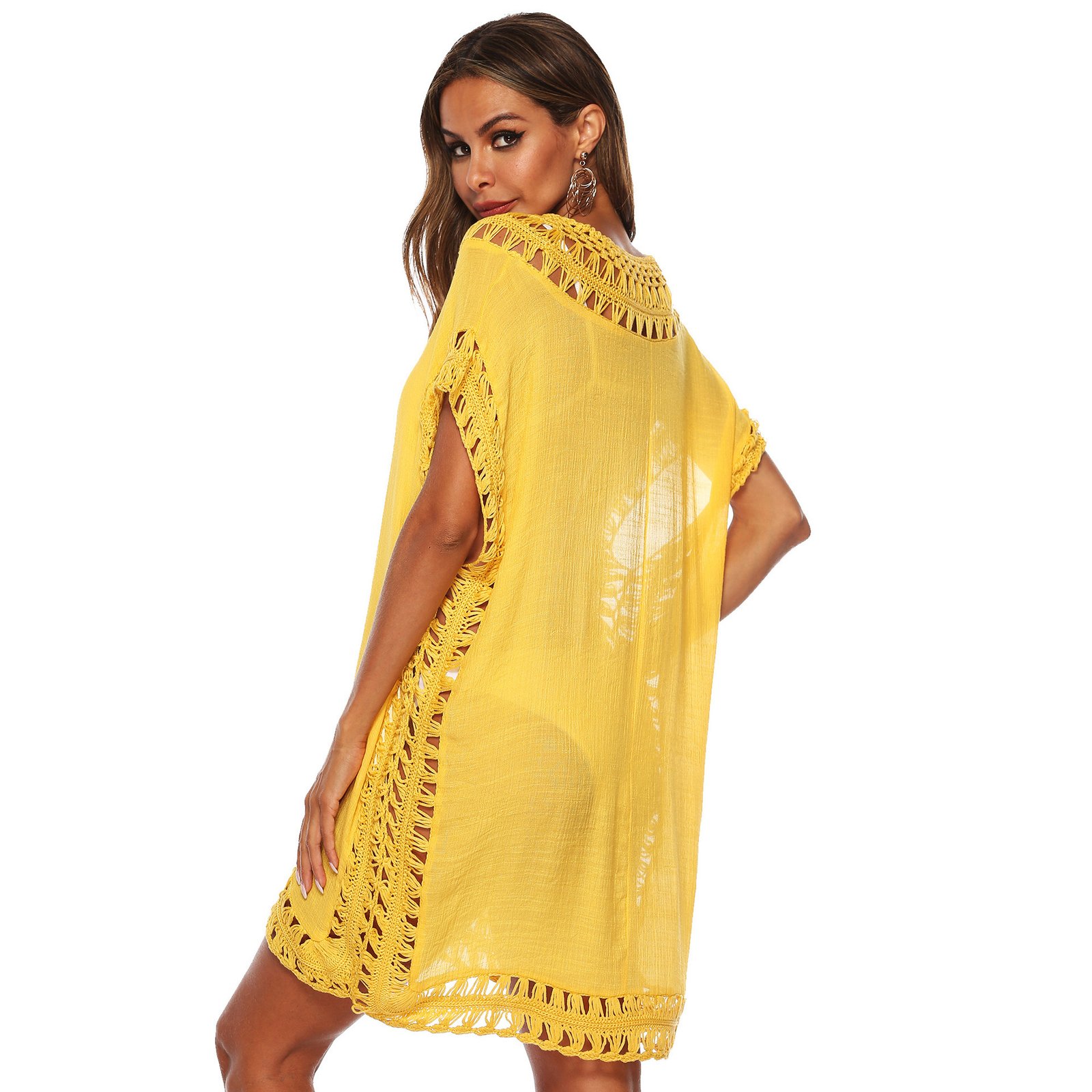 Yellow sheer caftan cover-up with open-knit crochet trim detailing at the neckline, sides, and hem.