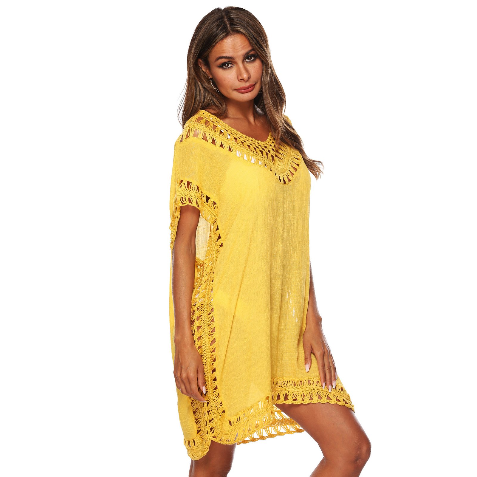 Yellow sheer caftan cover-up featuring open-knit crochet trim detailing along the deep V-neckline, short sleeves, side slits, and