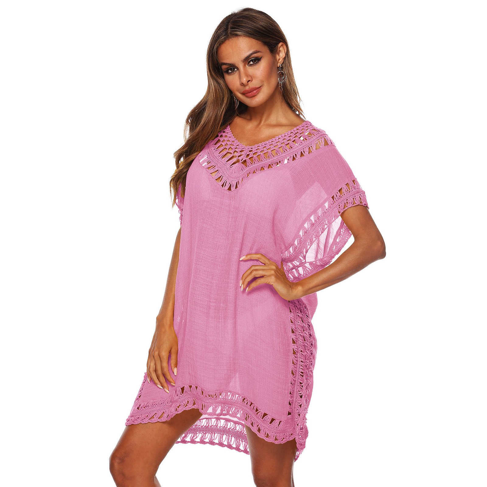 Pink sheer caftan cover-up featuring open-knit crochet trim at the deep V-neckline, sleeves, and hem.