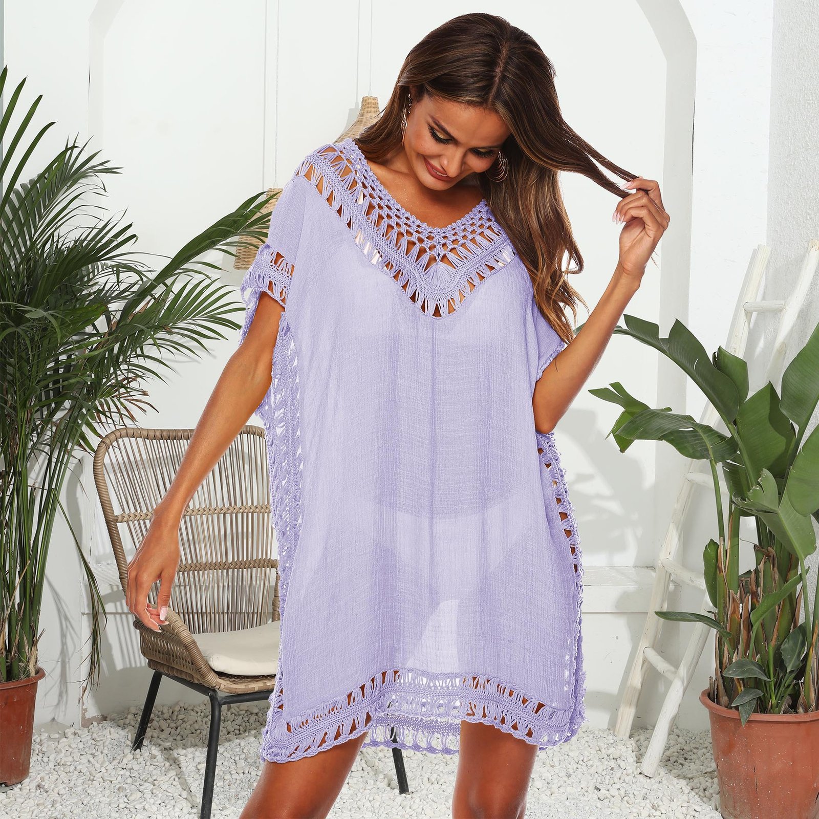 Lavender open-knit trim caftan cover-up with deep V-neckline and side slits.