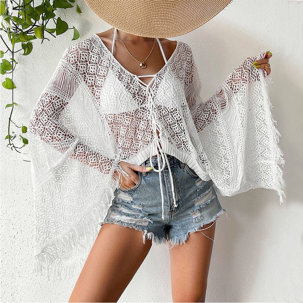 Open-Work Crochet Cover-Up with Bell Sleeves and Tie Front
