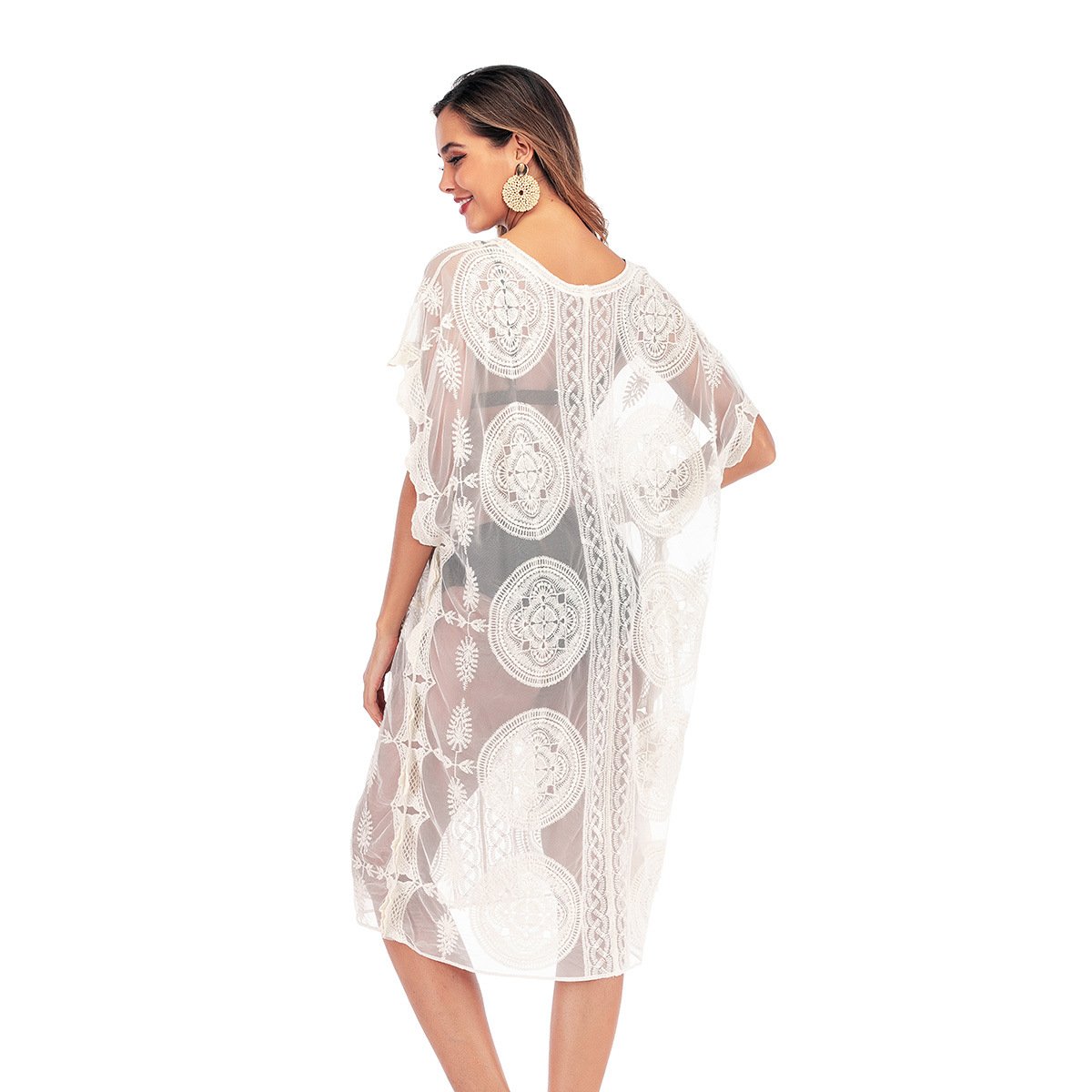 White sheer lace kaftan cover-up with circular embroidery patterns, short flutter sleeves, and open-front design.