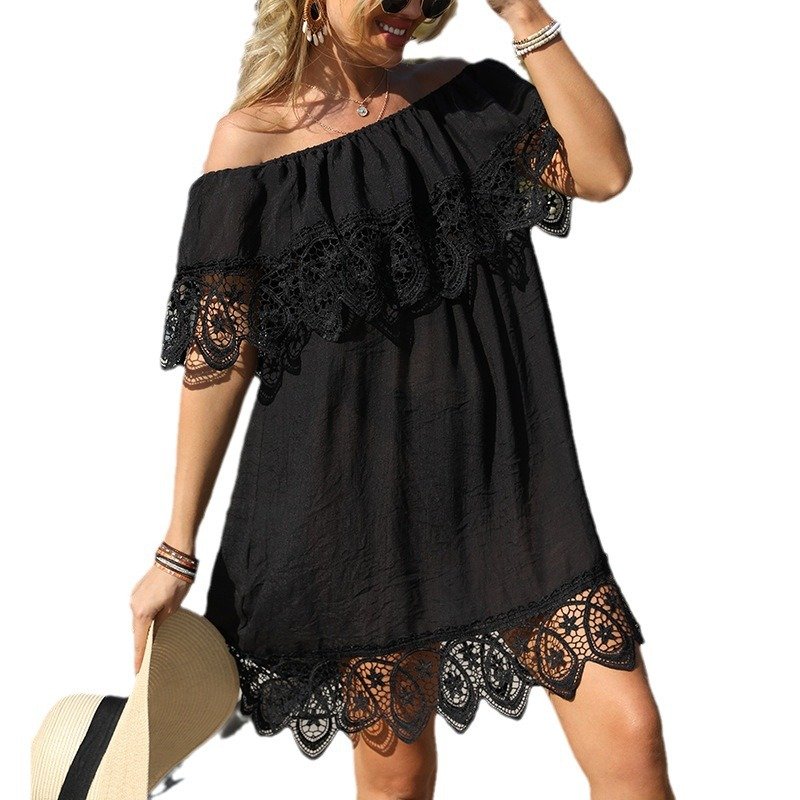 Black off-the-shoulder cover-up dress featuring scalloped lace trim at the neckline, sleeves, and hem.