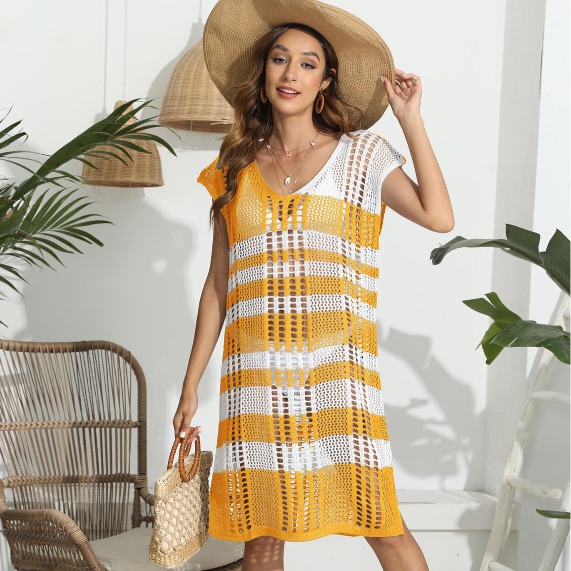 Open-Knit Mesh Cover-Up Dress