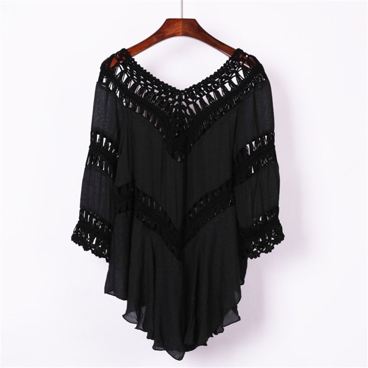 Black women's loose-fitting cover-up tunic featuring deep V-neck crochet cutout detailing and three-quarter sleeves.