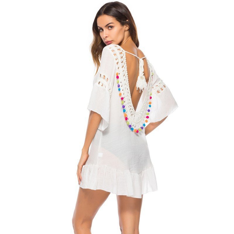 Crochet Trim Bell Sleeve Ruffle Hem Cover-Up Tunic