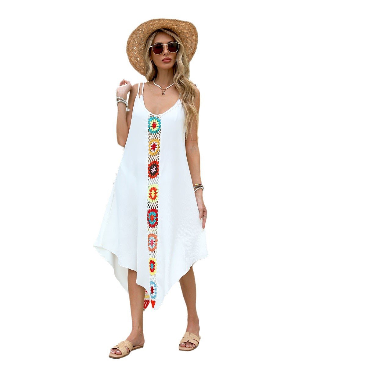 White spaghetti strap midi cover-up dress with V-neck and colorful crochet front panel.