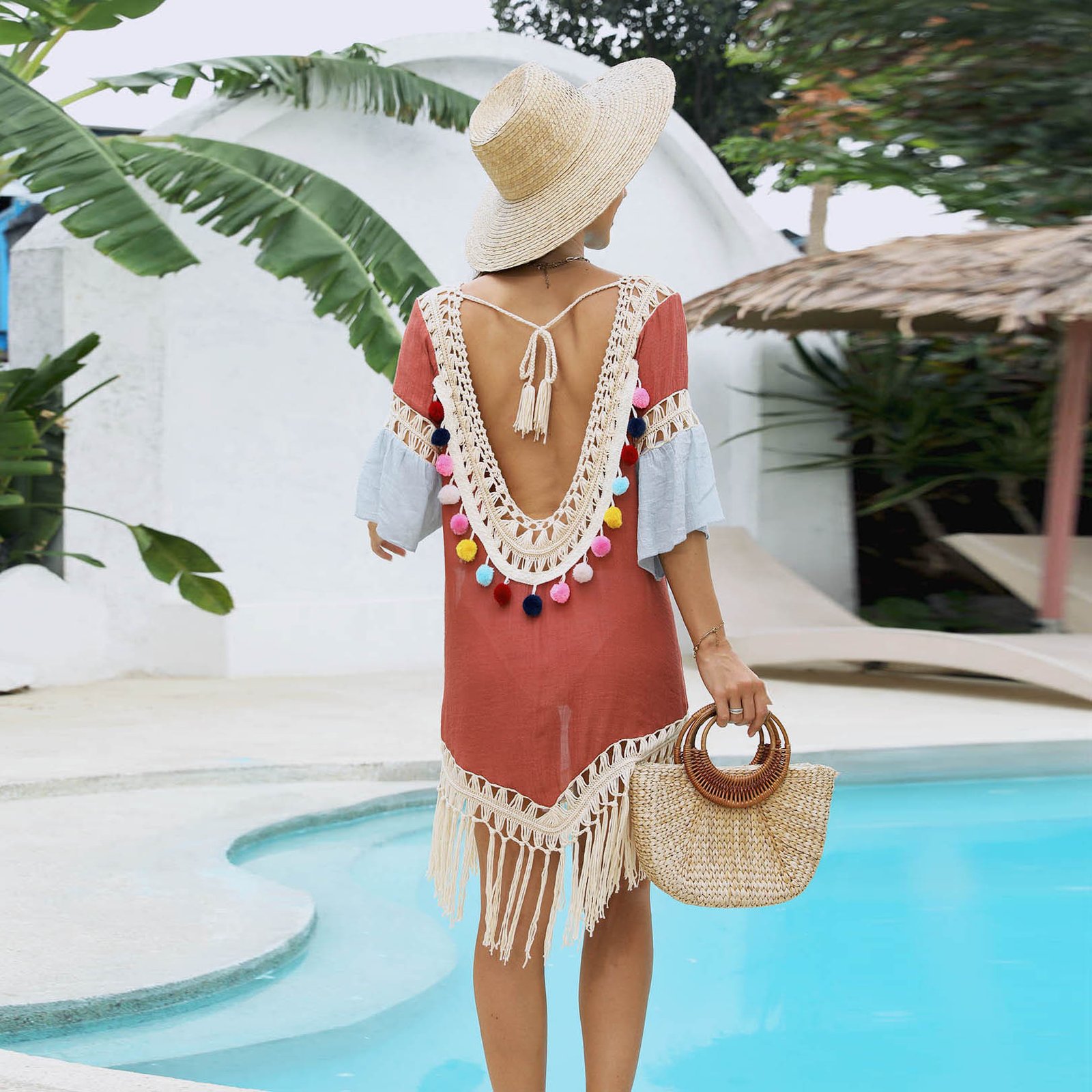 V-Neck Open Back Cover-Up with Crochet Trim and Fringe