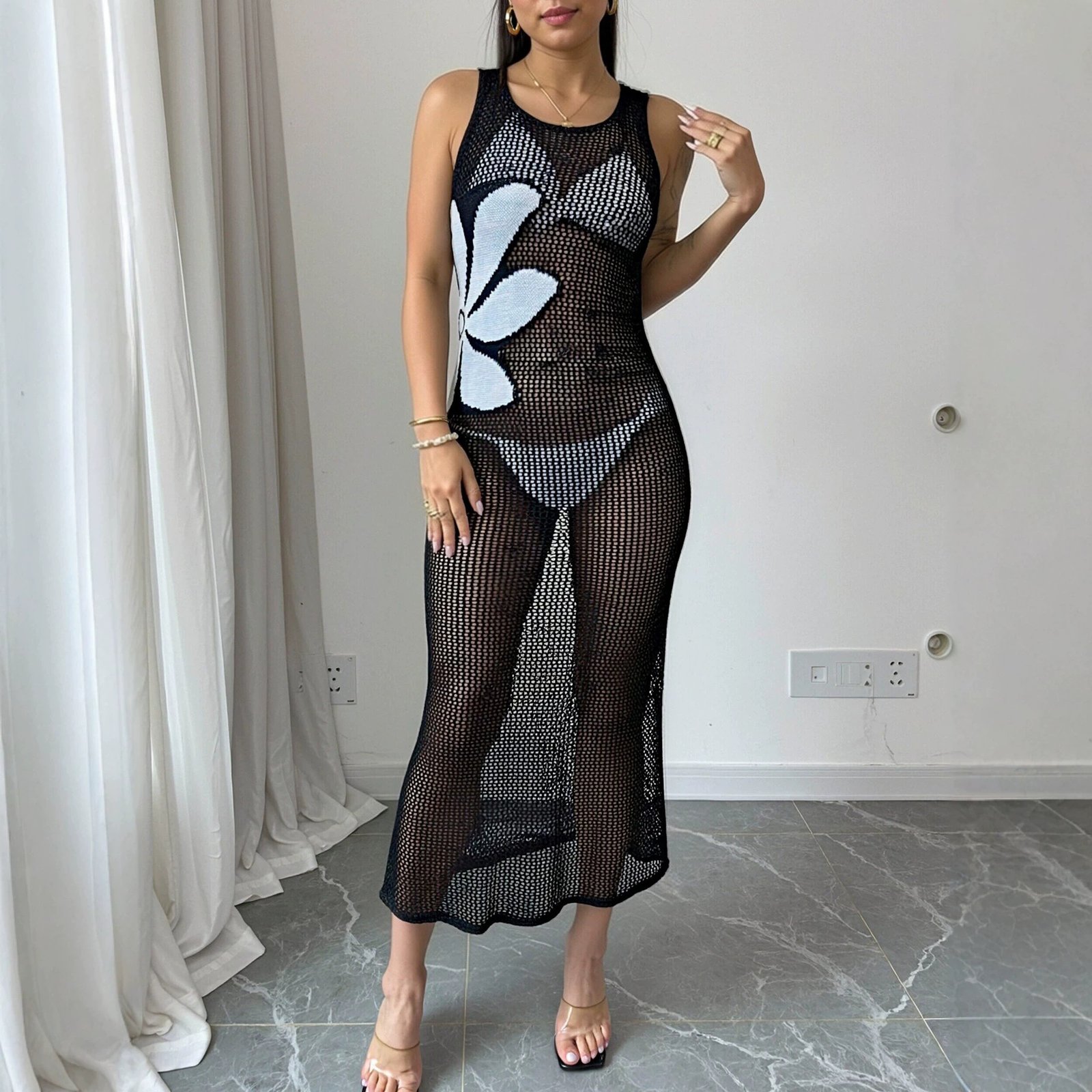 Sleeveless Open-Knit Maxi Cover-Up Dress