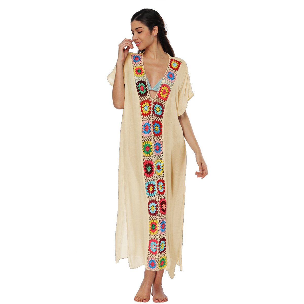 Beige V-neck open kaftan cover-up with colorful floral crochet trim down the front center.