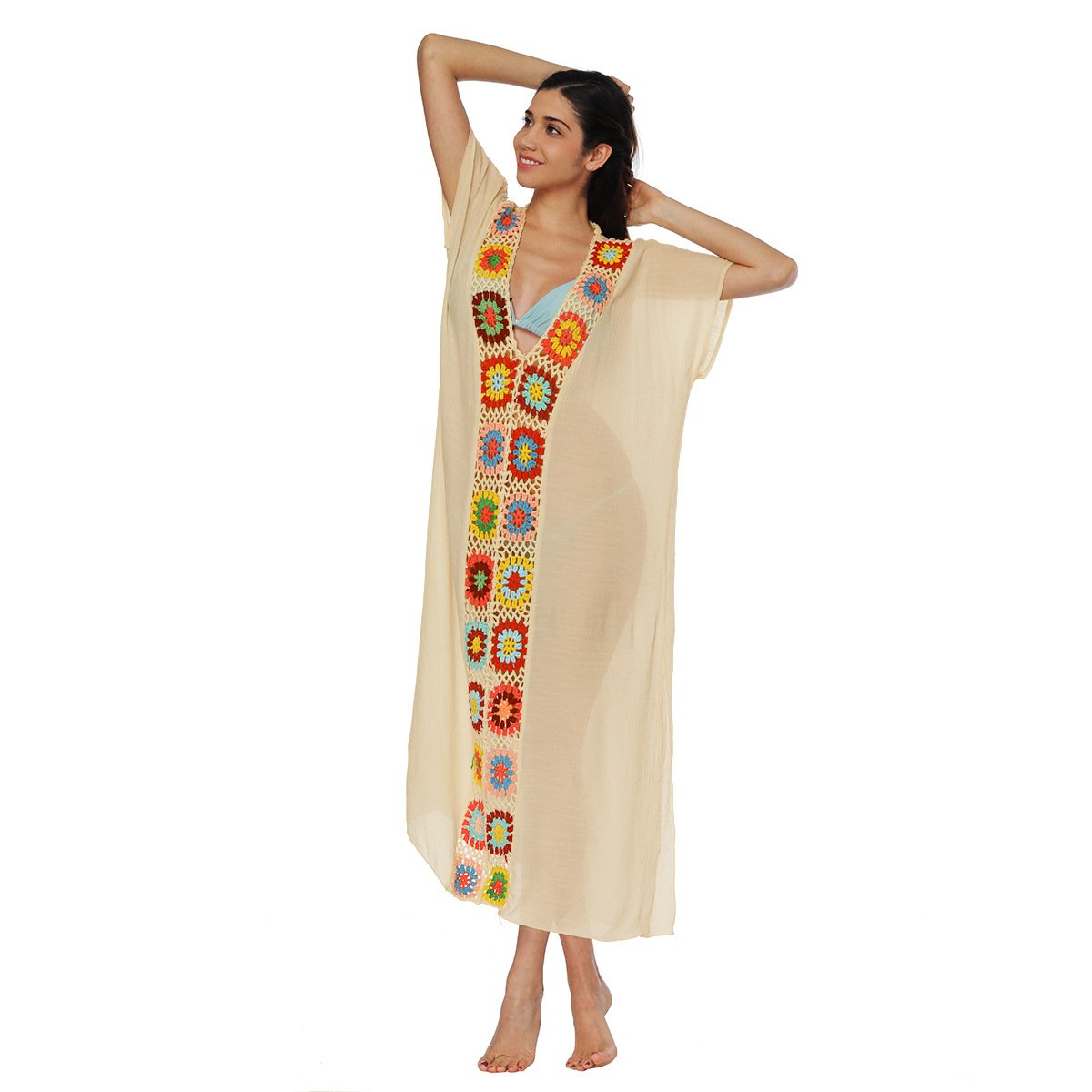 V-Neck Crochet Trim Caftan Cover-Up