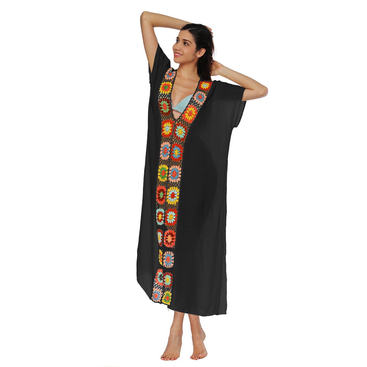 Black V-neck caftan cover-up with short sleeves and a central panel of colorful floral crochet detailing.