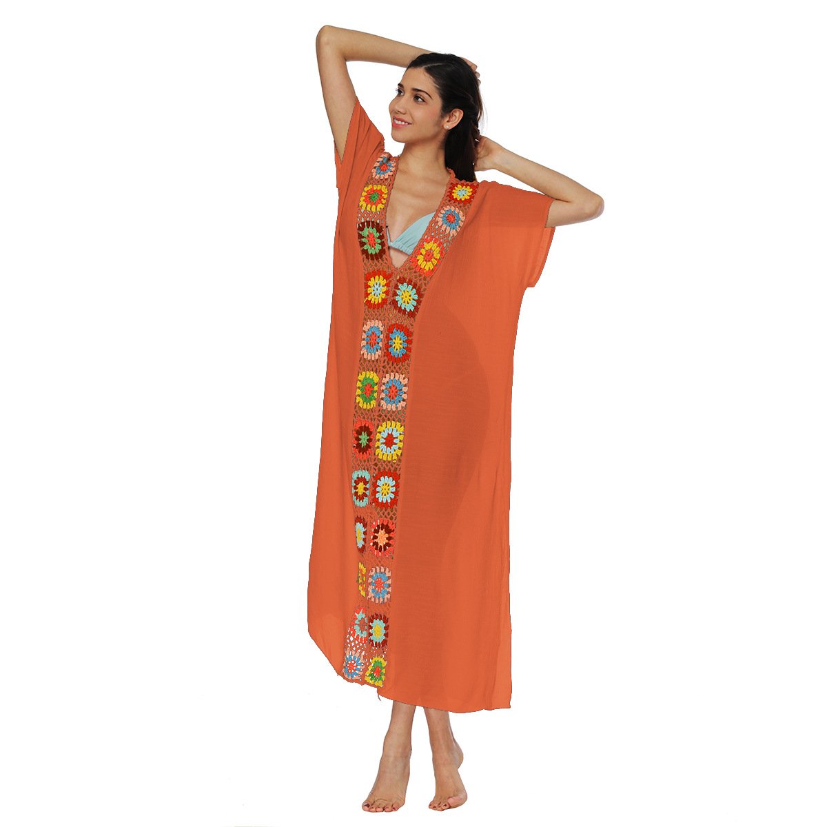 Orange loose-fitting caftan cover-up with short sleeves, deep V-neckline, and colorful floral crochet trim down the front.