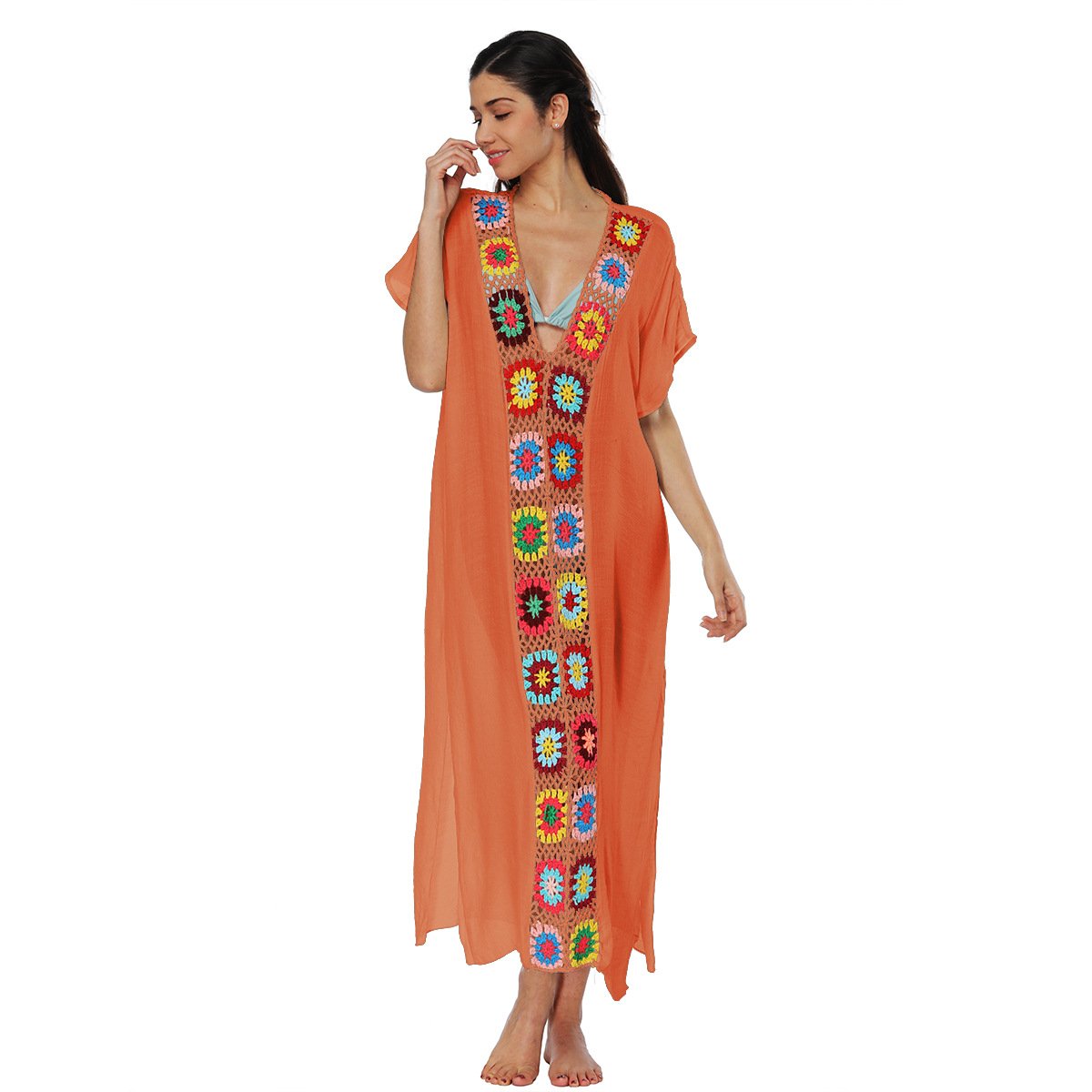 Orange open-front caftan cover-up with short sleeves and a colorful floral crochet panel down the center.