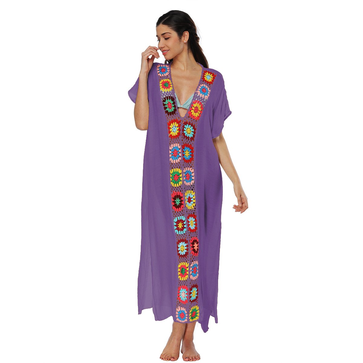 Purple V-neck caftan cover-up with short sleeves and a colorful floral crochet front panel.