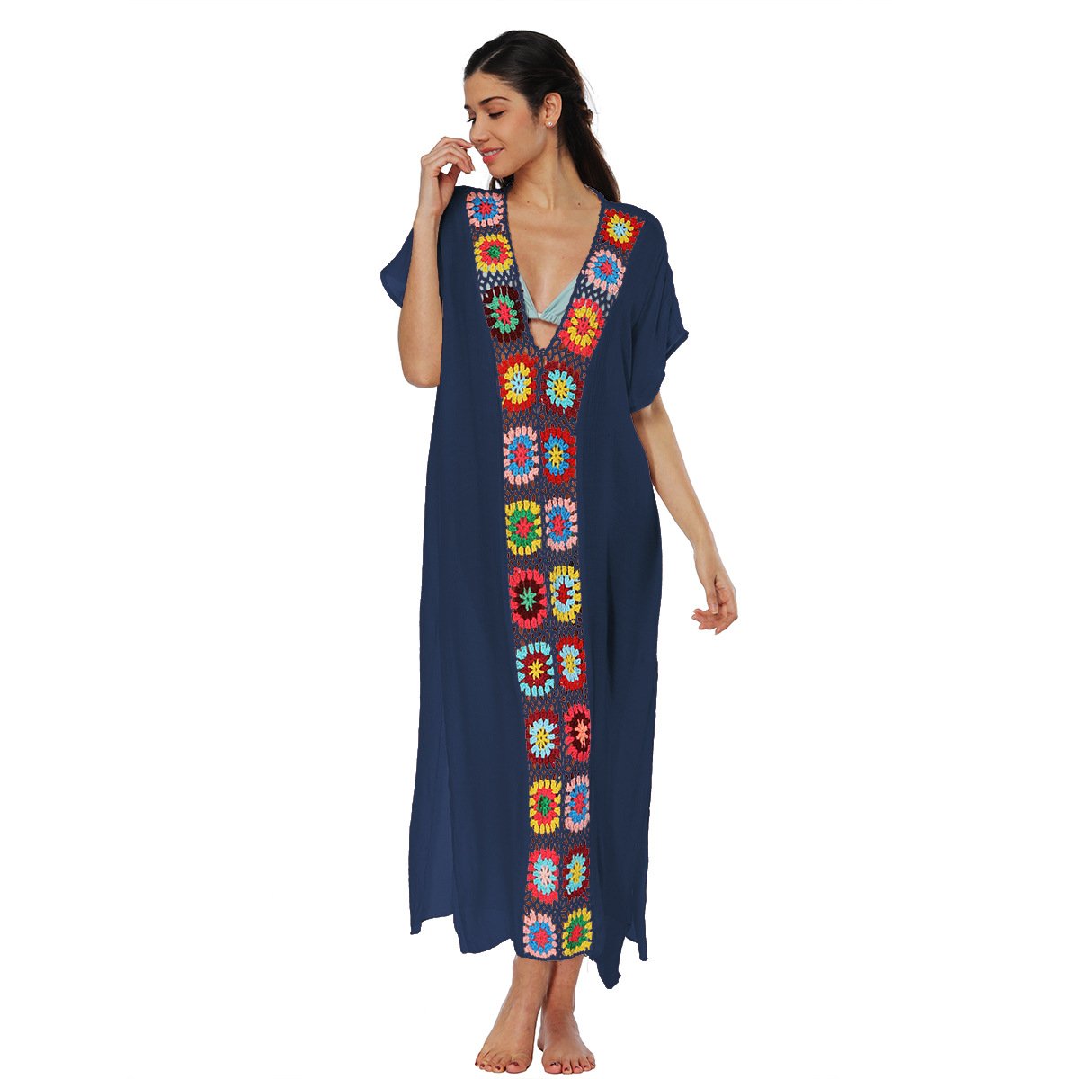 Navy blue V-neck caftan cover-up featuring a colorful floral crochet panel down the front.