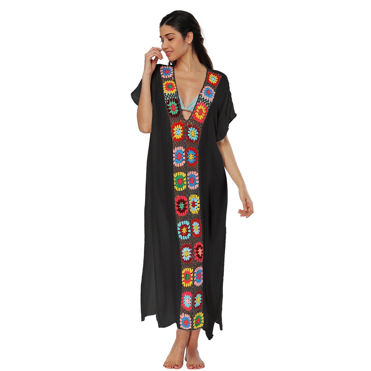 Black loose-fitting V-neck caftan cover-up featuring a central panel of colorful floral crochet detailing.