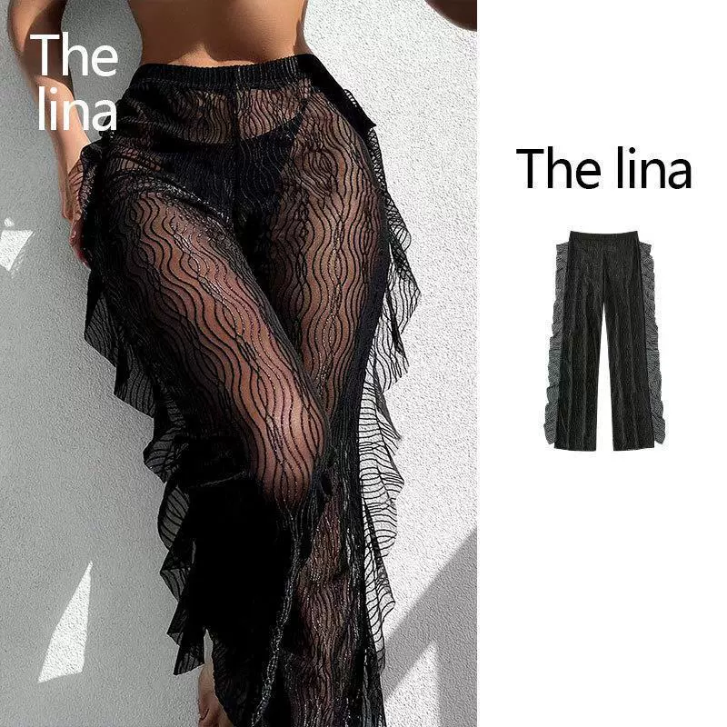 Sheer Ruffle Trim Wide Leg Beach Cover-Up Pants