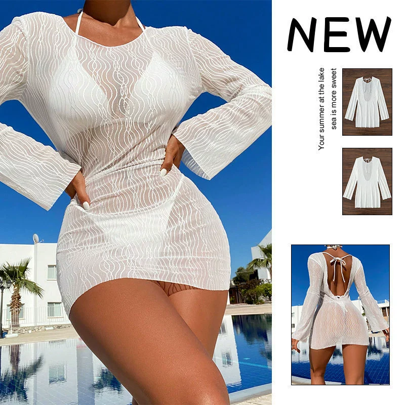 Women’s Long Sleeve Tie-Back Mini Swim Cover-Up Dress