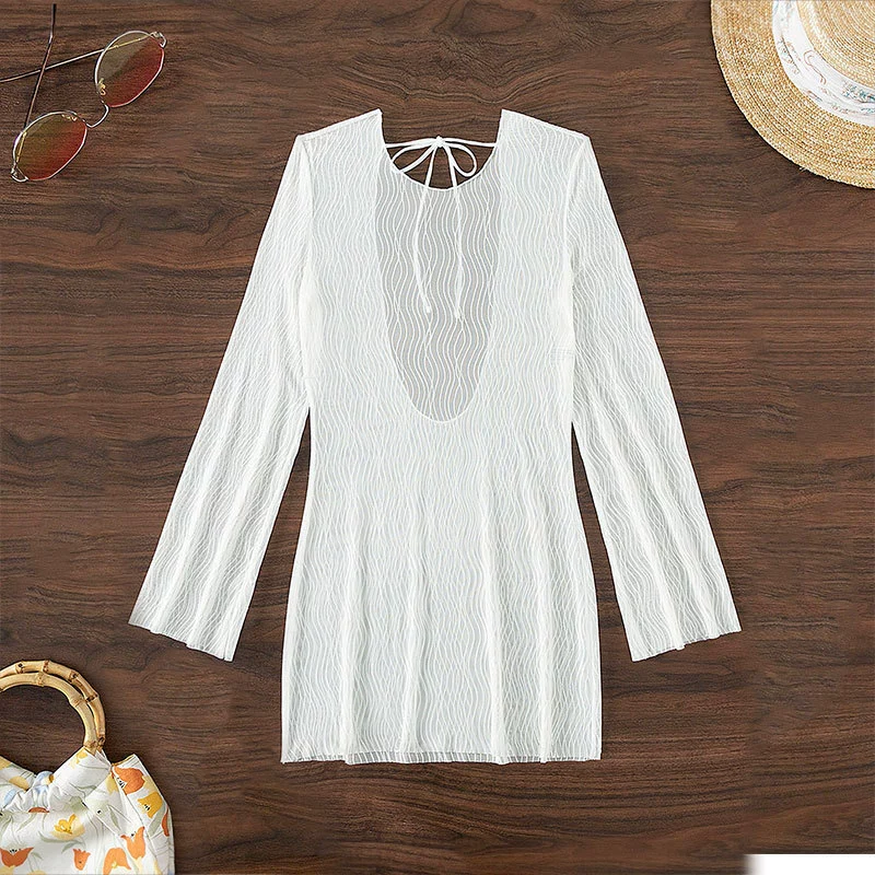 Women’s Long Sleeve Tie-Back Mini Swim Cover-Up Dress