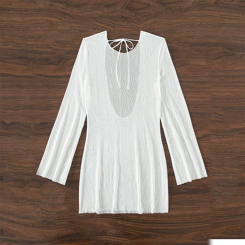 Women's Long Sleeve Tie-Back Mini Swim Cover-Up Dress view 3