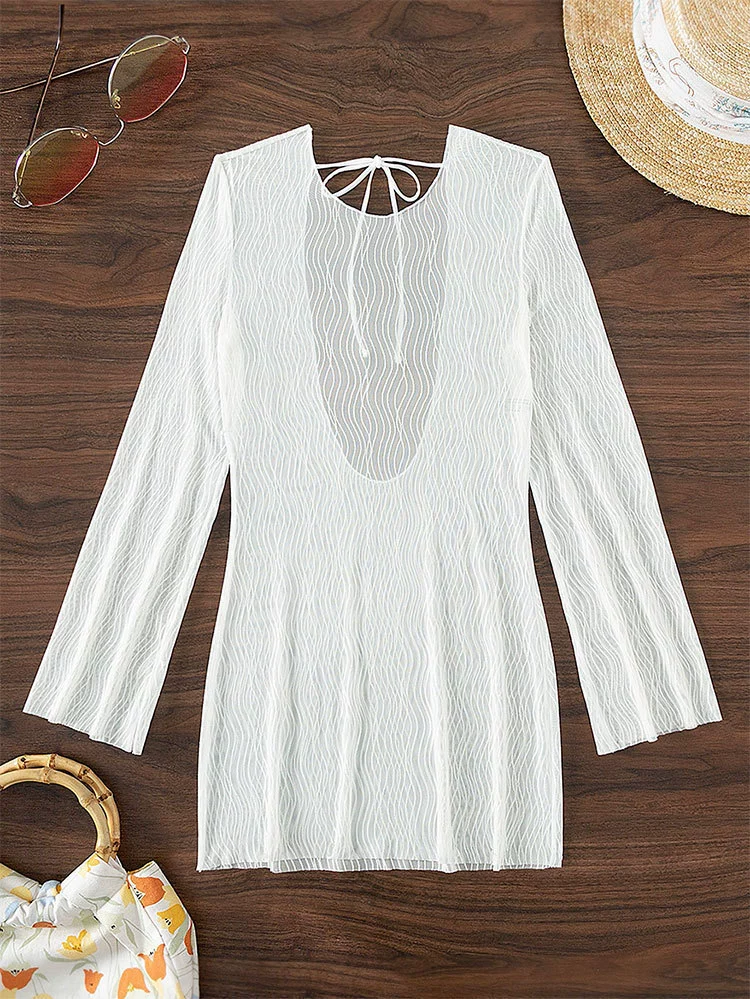 Women's Long Sleeve Tie-Back Mini Swim Cover-Up Dress view 6