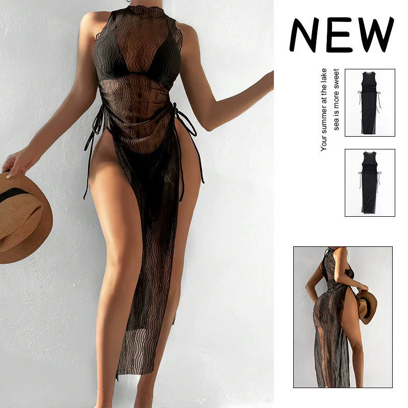 Women’s Sheer High Neck Side Tie Maxi Cover-Up Dress