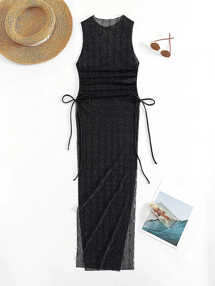 Women's Sheer High Neck Side Tie Maxi Cover-Up Dress view 6