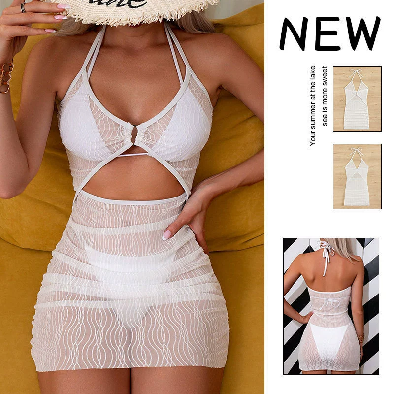 Women's Halter Cutout Sheer Beach Cover-Up Mini Dress