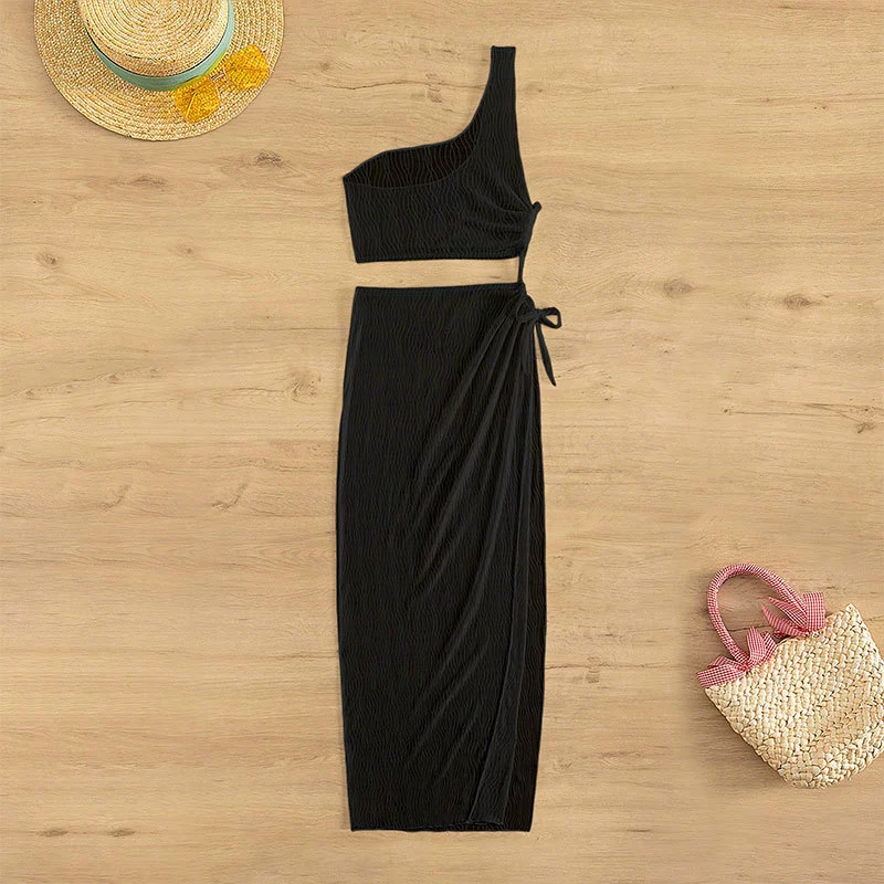 One-Shoulder Crop Top and Wrap Skirt Set view 6