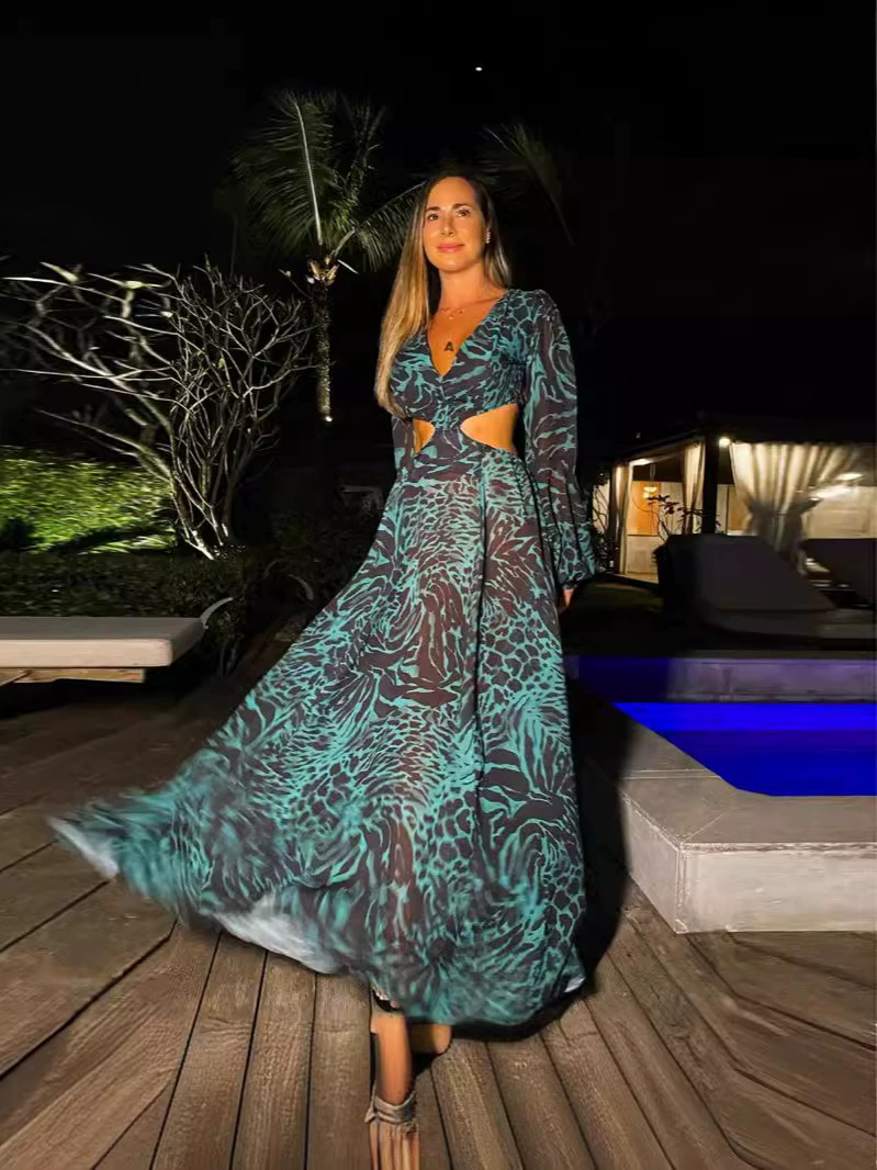 Long Sleeve Cutout Maxi Dress with Deep V-Neck and Back Tie