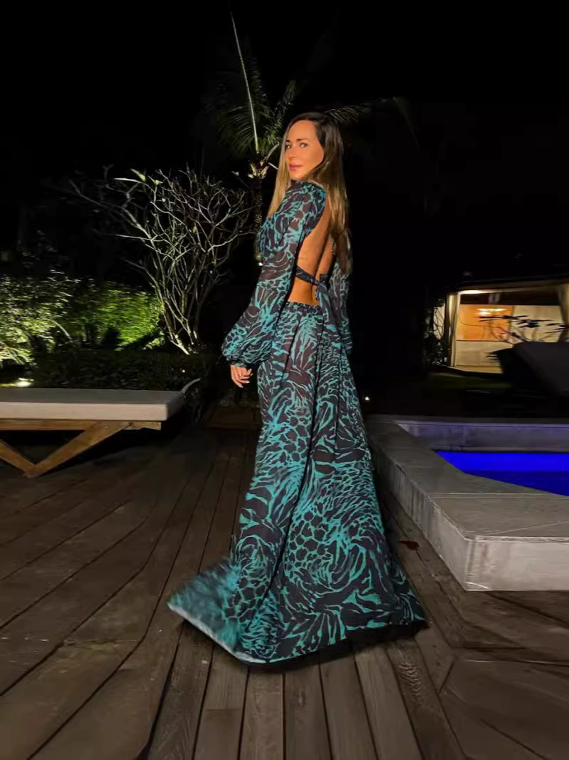 Long Sleeve Cutout Maxi Dress with Deep V-Neck and Back Tie