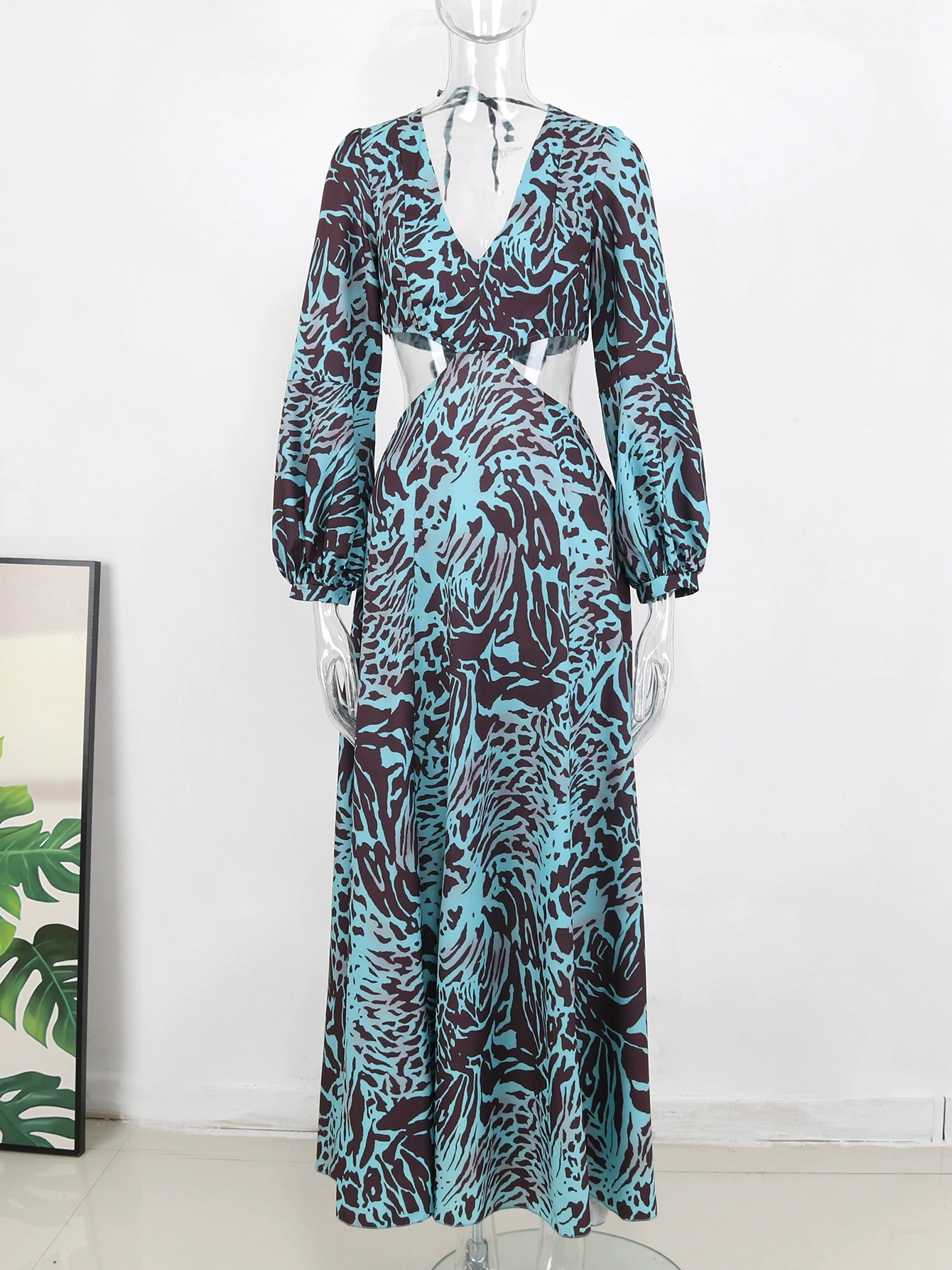 Long Sleeve Cutout Maxi Dress with Deep V-Neck and Back Tie view 3