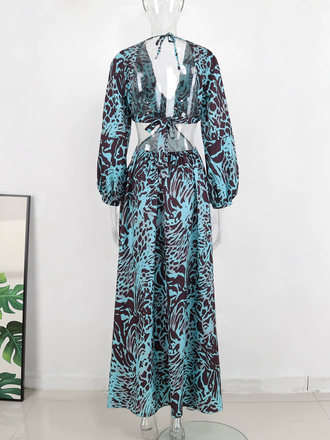 Long Sleeve Cutout Maxi Dress with Deep V-Neck and Back Tie view 4