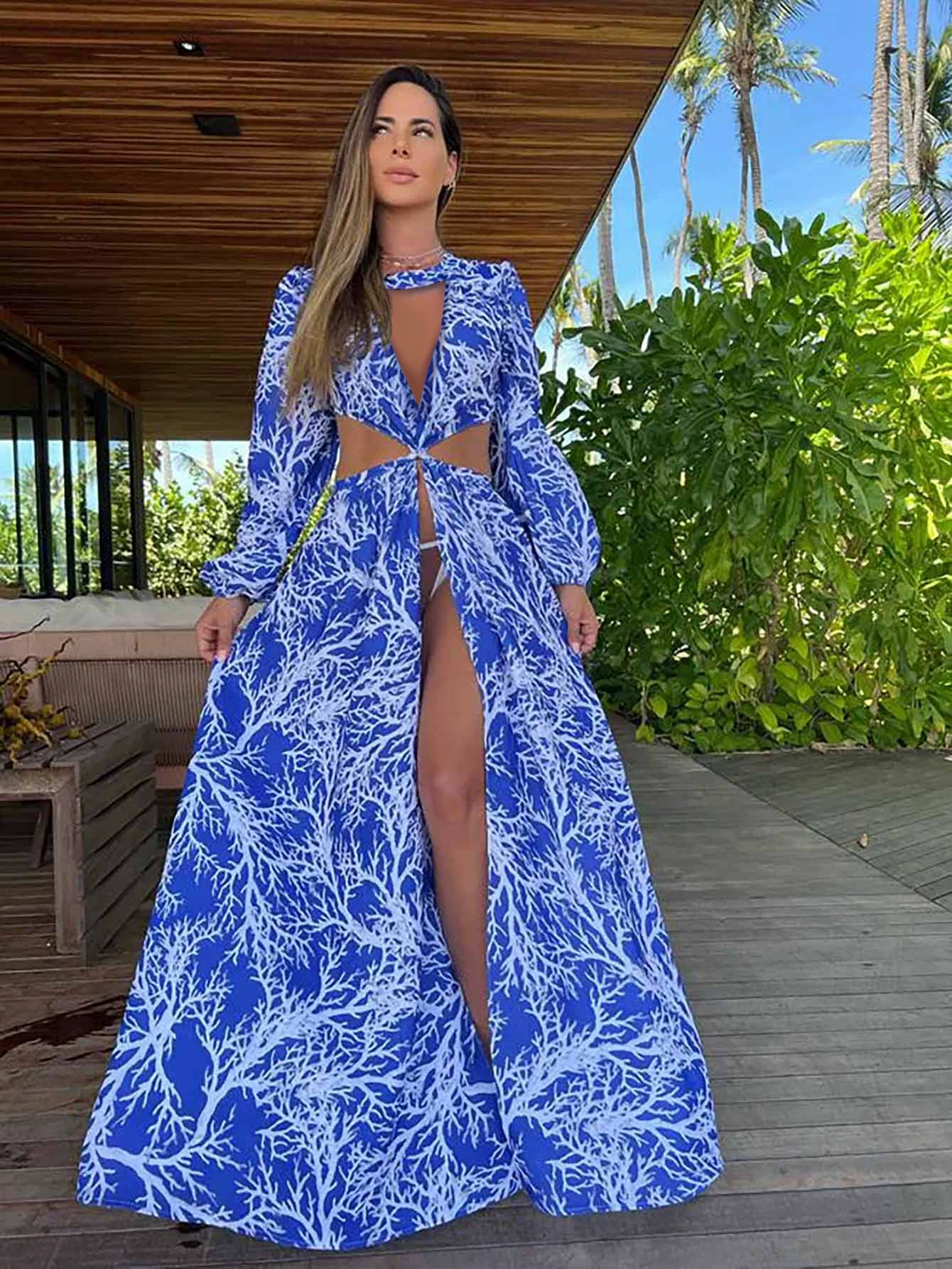 Long Sleeve Cutout Maxi Dress with Front Slit