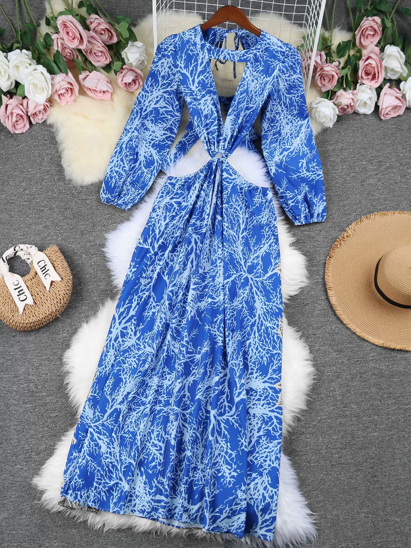 Long Sleeve Cutout Maxi Dress with Front Slit