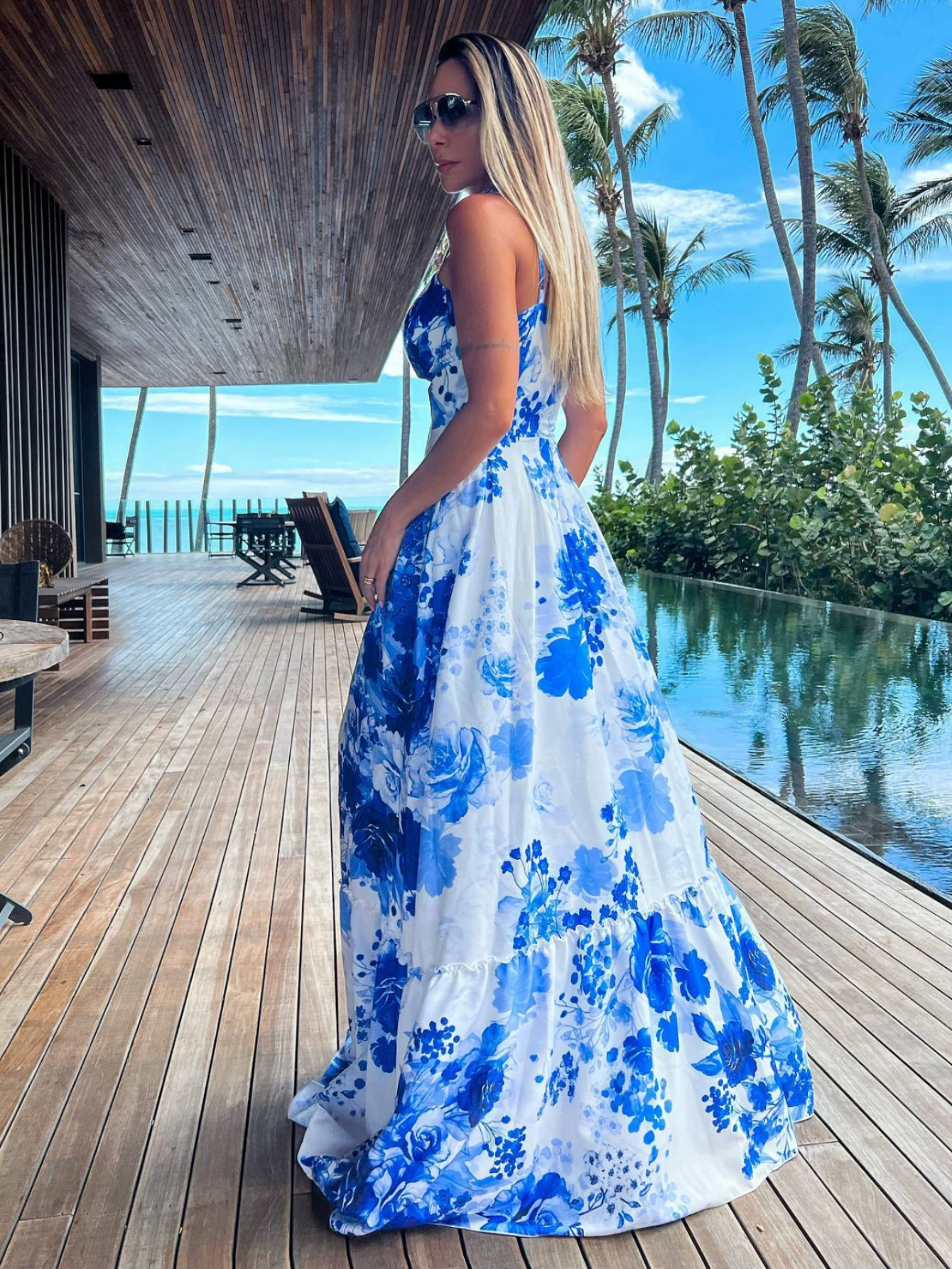 Spaghetti Strap V-Neck Maxi Dress with High Slit and Ruffle Hem