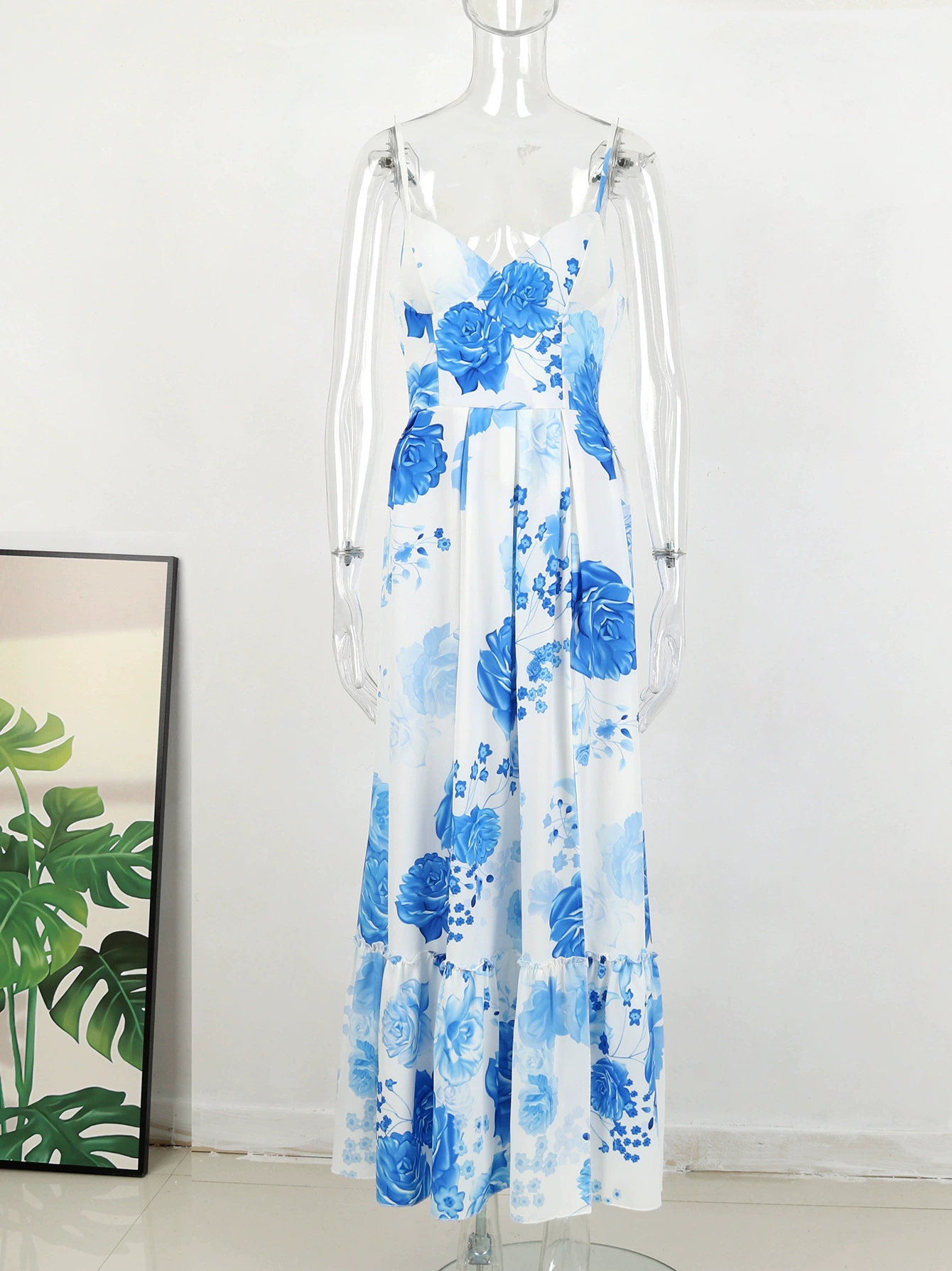 Spaghetti Strap V-Neck Maxi Dress with High Slit and Ruffle Hem view 3