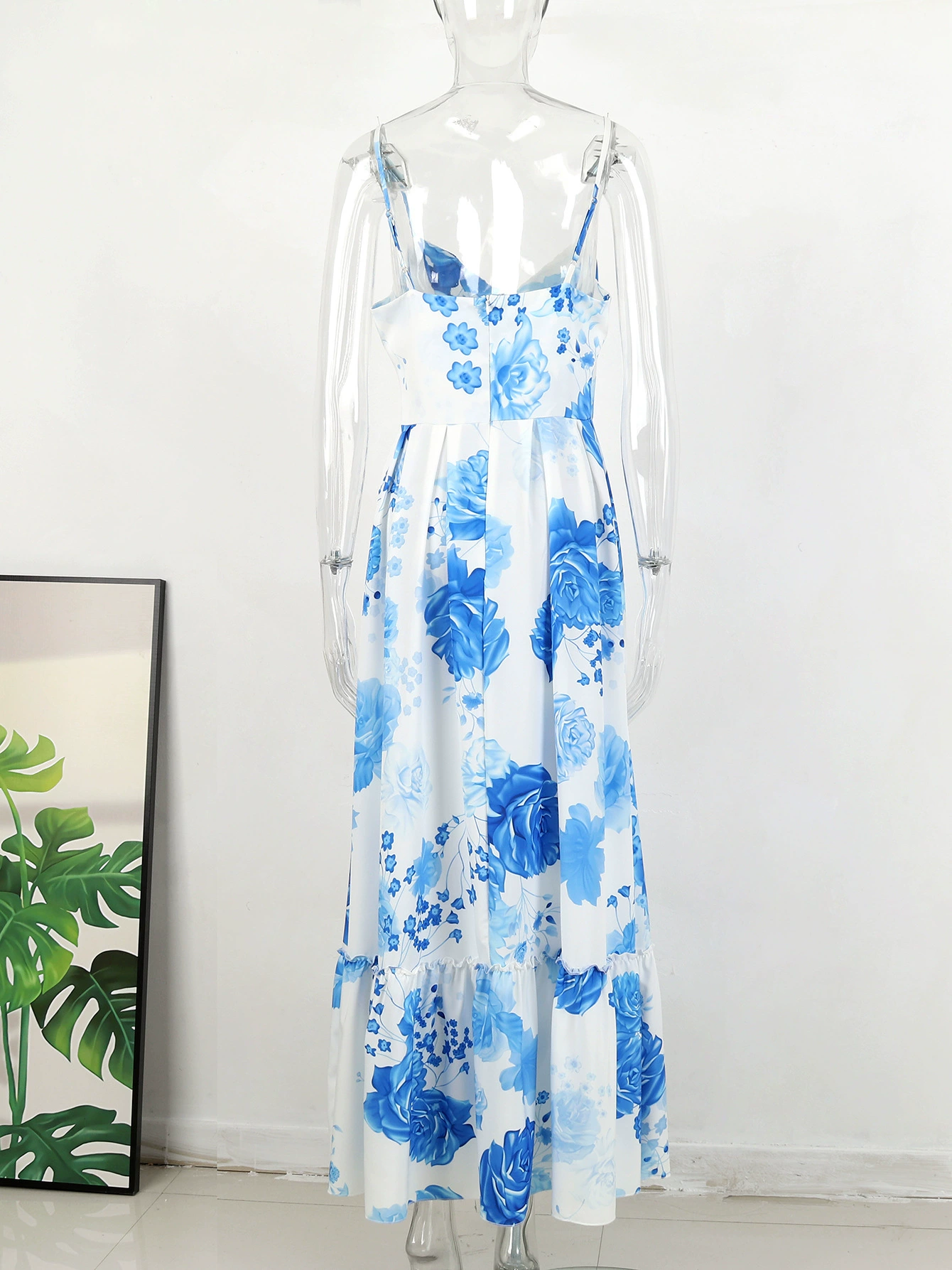 Spaghetti Strap V-Neck Maxi Dress with High Slit and Ruffle Hem view 4