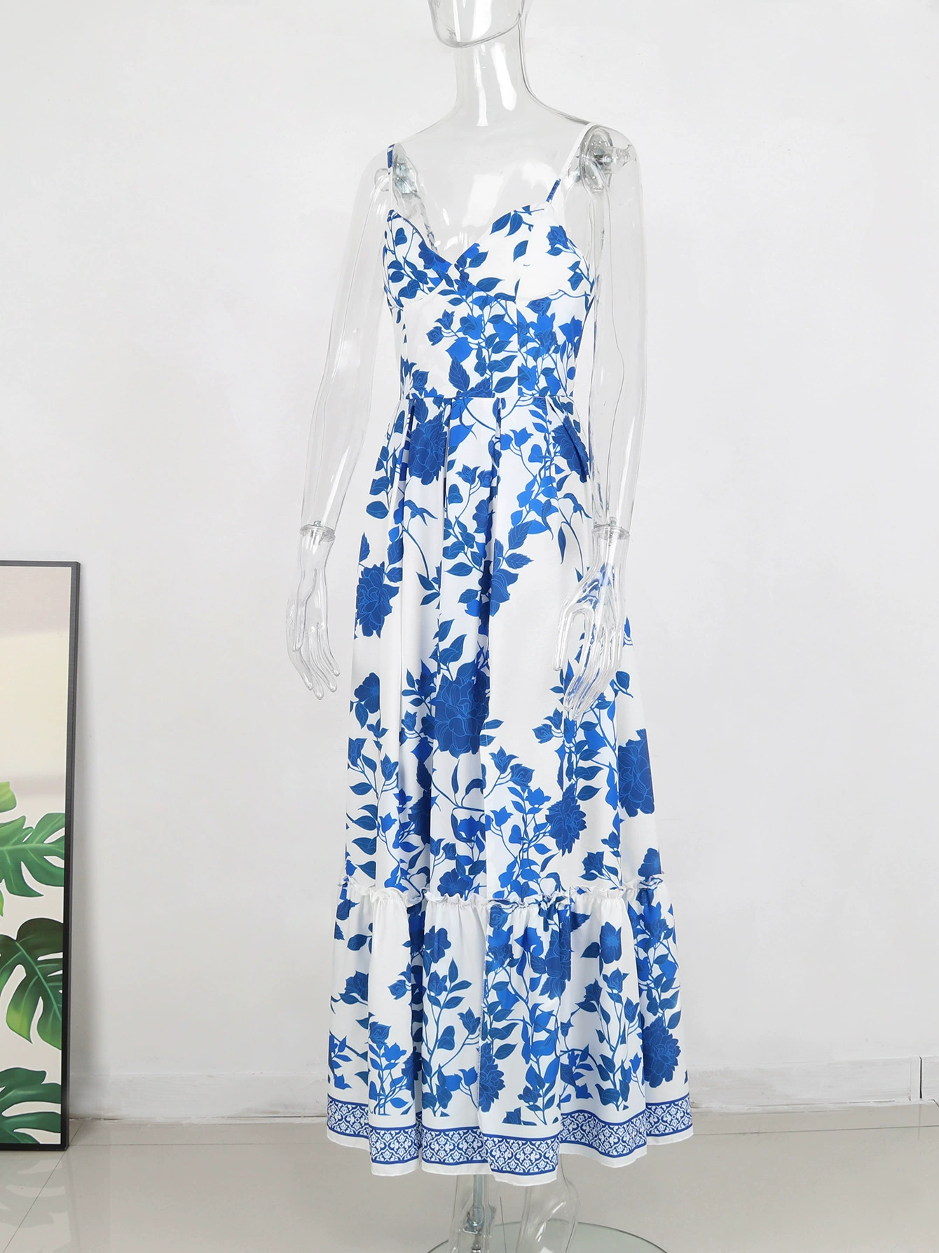 Spaghetti Strap V-Neck Maxi Dress with Side Slit and Tiered Skirt view 4