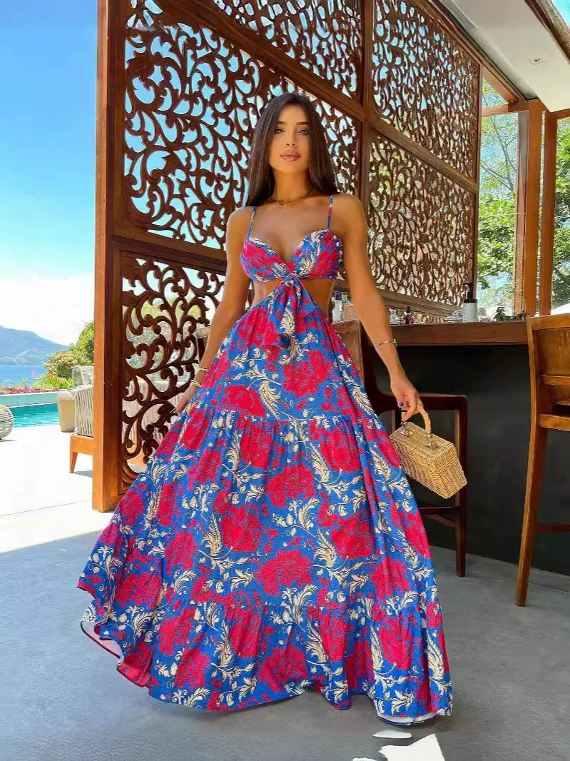 Spaghetti Strap Cutout Waist Tiered Maxi Dress