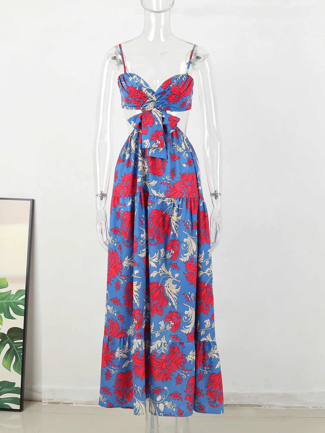 Spaghetti Strap Cutout Waist Tiered Maxi Dress