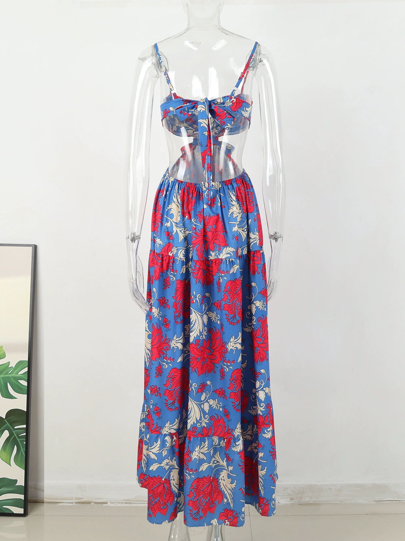Spaghetti Strap Cutout Waist Tiered Maxi Dress view 3