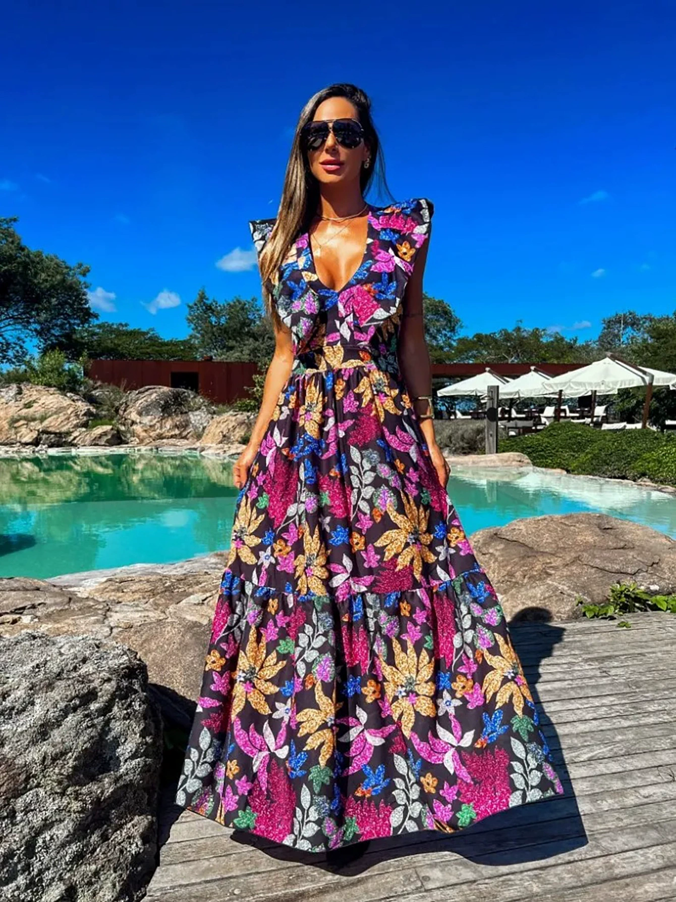 Sleeveless Deep V-Neck Tiered Maxi Dress with Ruffle Shoulders