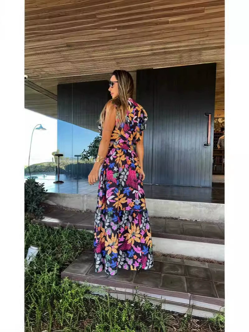 Sleeveless Deep V-Neck Tiered Maxi Dress with Ruffle Shoulders